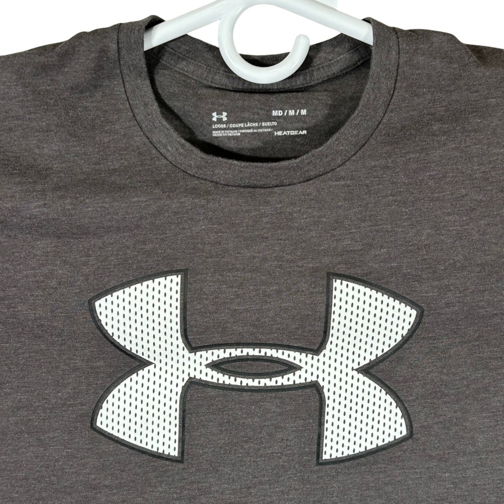 Under Armour Mens HeatGear Loose Fit T-Shirt Charcoal Gray Heather Logo Medium